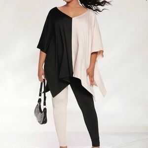 SHEIN Black and Cream Color-Blocked Leggings